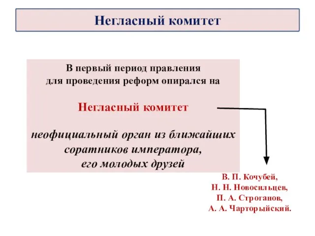 В первый период правления для проведения реформ опирался на Негласный комитет неофициальный