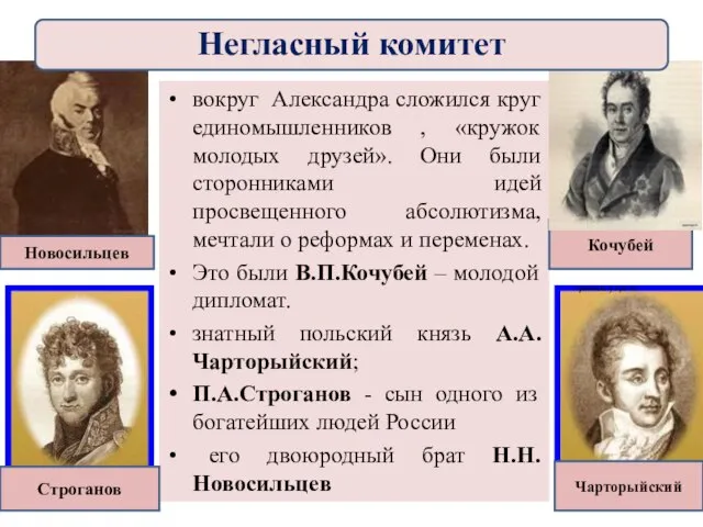 вокруг Александра сложился круг единомышленников , «кружок молодых друзей». Они были сторонниками