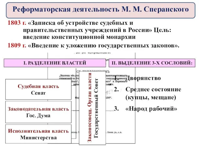 1803 г. «Записка об устройстве судебных и правительственных учреждений в России» Цель: