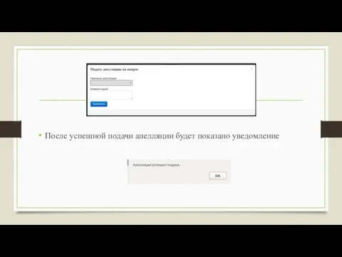 После успешной подачи апелляции будет показано уведoмление