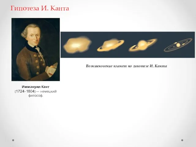 Гипотеза И. Канта Иммануил Кант (1724–1804) — немецкий философ. Возникновение планет по гипотезе И. Канта