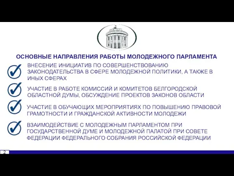 2 ОСНОВНЫЕ НАПРАВЛЕНИЯ РАБОТЫ МОЛОДЕЖНОГО ПАРЛАМЕНТА ВНЕСЕНИЕ ИНИЦИАТИВ ПО СОВЕРШЕНСТВОВАНИЮ ЗАКОНОДАТЕЛЬСТВА В