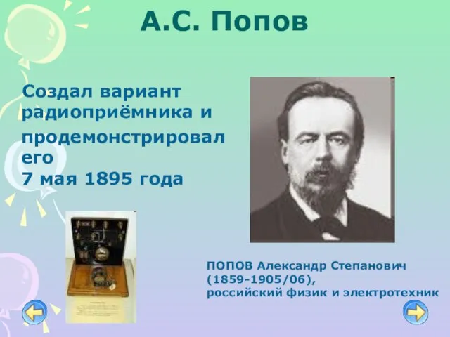 А.С. Попов Создал вариант радиоприёмника и продемонстрировал его 7 мая 1895 года