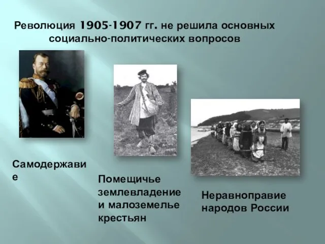 Революция 1905-1907 гг. не решила основных социально-политических вопросов Самодержавие Помещичье землевладение и