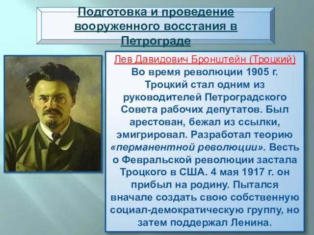 Подготовка и проведение вооруженного восстания в Петрограде Лев Давидович Бронштейн (Троцкий) Во