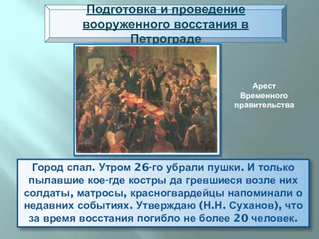 Город спал. Утром 26-го убрали пушки. И только пылавшие кое-где костры да