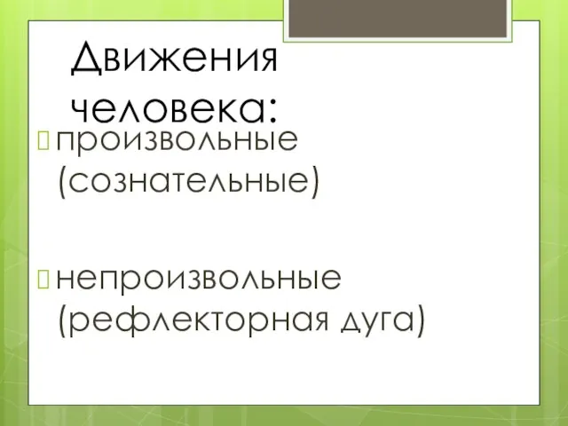 Движения человека: произвольные (сознательные) непроизвольные (рефлекторная дуга)