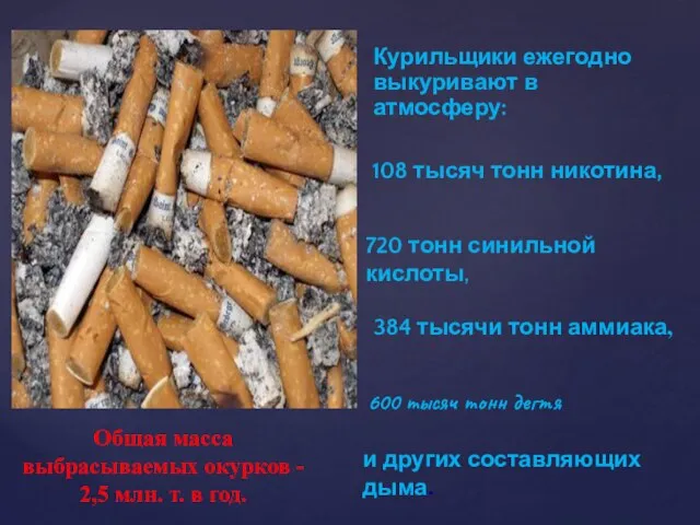 Общая масса выбрасываемых окурков - 2,5 млн. т. в год. Курильщики ежегодно