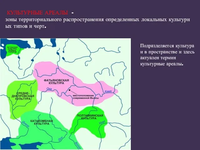 КУЛЬТУРНЫЕ АРЕАЛЫ -зоны территориального распространения определенных локальных культурных типов и черт. Подразделяется