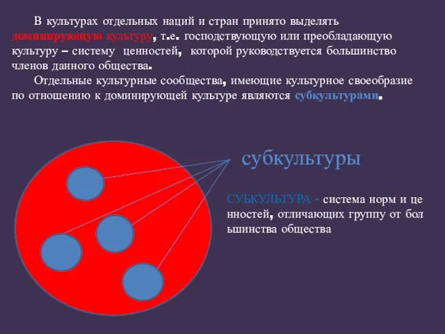 В культурах отдельных наций и стран принято выделять доминирующую культуру, т.е. господствующую