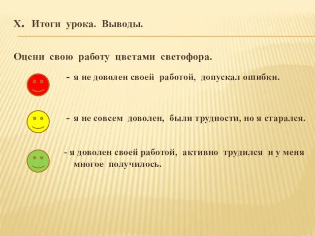 X. Итоги урока. Выводы. Оцени свою работу цветами светофора. - я не