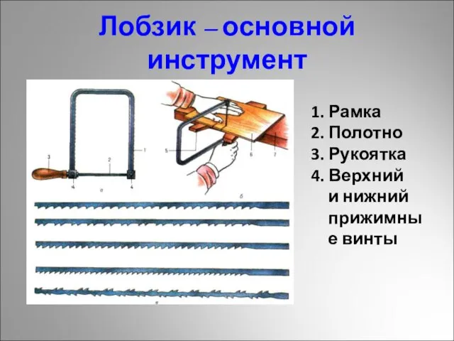 Лобзик – основной инструмент 1. Рамка 2. Полотно 3. Рукоятка 4. Верхний и нижний прижимные винты