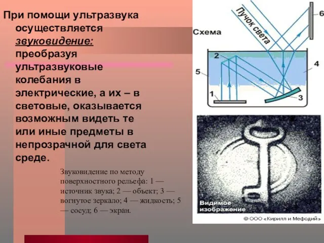 При помощи ультразвука осуществляется звуковидение: преобразуя ультразвуковые колебания в электрические, а их