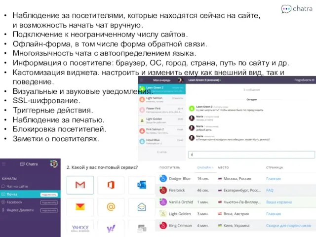 Наблюдение за посетителями, которые находятся сейчас на сайте, и возможность начать чат