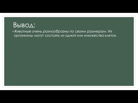 Вывод: Животные очень разнообразны по своим размерам. Их организмы могут состоять из одной или множества клеток.