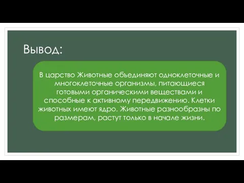 Вывод: В царство Животные объединяют одноклеточные и многоклеточные организмы, питающиеся готовыми органическими