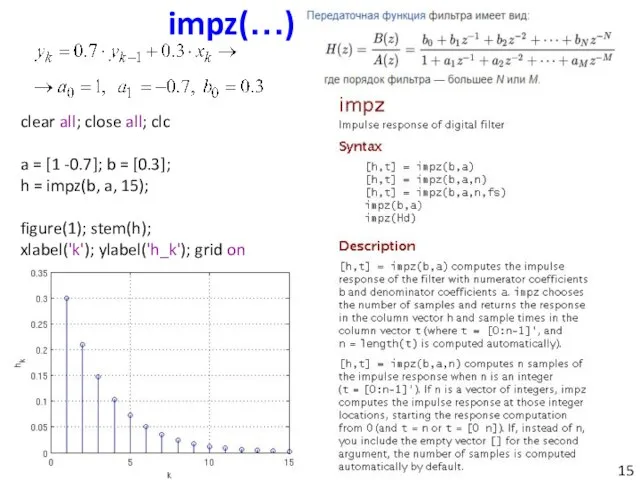 impz(…) clear all; close all; clc a = [1 -0.7]; b =