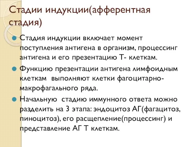 Стадии индукции(афферентная стадия) Стадия индукции включает момент поступления антигена в организм, процессинг