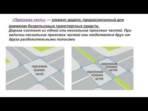 «Проезжая часть» — элемент дороги, предназначенный для движения безрельсовых транспортных средств. Дорога