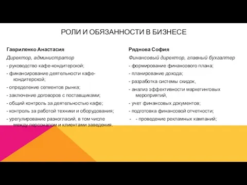 Гавриленко Анастасия Директор, администратор - руководство кафе-кондитерской; - финансирование деятельности кафе-кондитерской; -