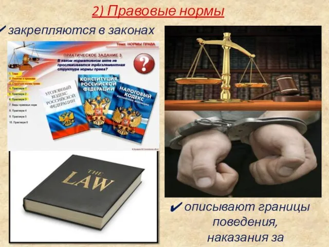 2) Правовые нормы закрепляются в законах описывают границы поведения, наказания за нарушение закона