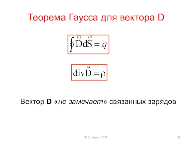 Теорема Гаусса для вектора D Вектор D «не замечает» связанных зарядов А.С. Чуев - 2020