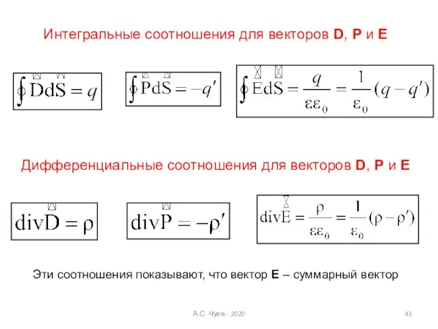 Интегральные соотношения для векторов D, P и E Дифференциальные соотношения для векторов