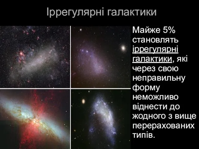 Іррегулярні галактики Майже 5% становлять іррегулярні галактики, які через свою неправильну форму