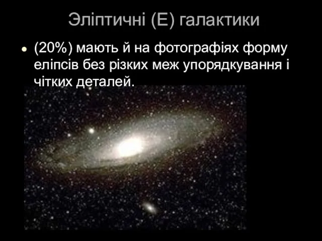 Эліптичні (E) галактики (20%) мають й на фотографіях форму еліпсів без різких