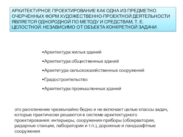 АРХИТЕКТУРНОЕ ПРОЕКТИРОВАНИЕ КАК ОДНА ИЗ ПРЕДМЕТНО ОЧЕРЧЕННЫХ ФОРМ ХУДОЖЕСТВЕННО-ПРОЕКТНОЙ ДЕЯТЕЛЬНОСТИ ЯВЛЯЕТСЯ ОДНОРОДНОЙ