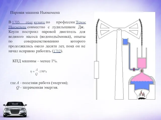 Паровая машина Ньюкомена В 1705 году кузнец по профессии Томас Ньюкомен совместно