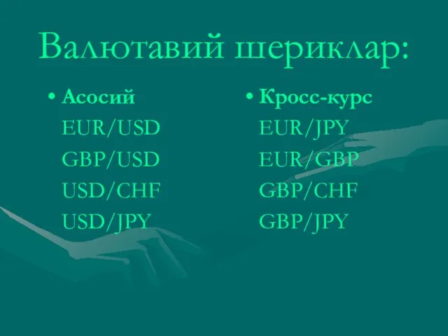 Валютавий шериклар: Асосий EUR/USD GBP/USD USD/CHF USD/JPY Кросс-курс EUR/JPY EUR/GBP GBP/CHF GBP/JPY