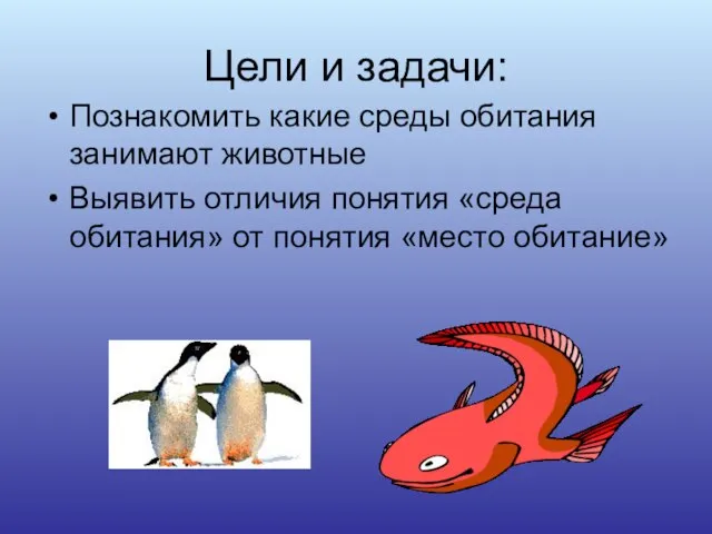 Цели и задачи: Познакомить какие среды обитания занимают животные Выявить отличия понятия