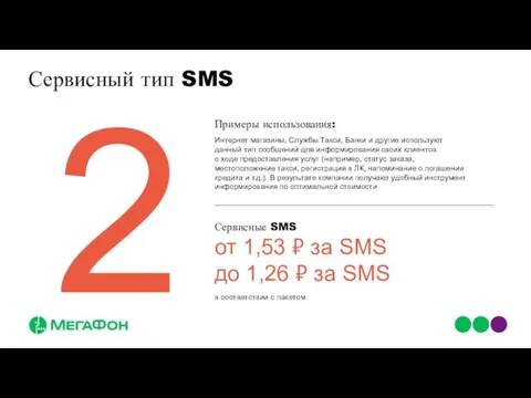 Сервисный тип SMS от 1,53 ₽ за SMS до 1,26 ₽ за