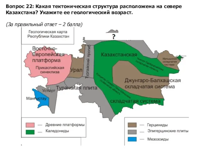 Вопрос 22: Какая тектоническая структура расположена на севере Казахстана? Укажите ее геологический