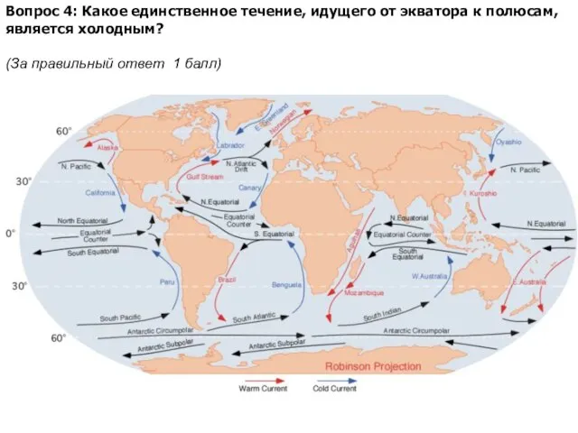 Вопрос 4: Какое единственное течение, идущего от экватора к полюсам, является холодным?