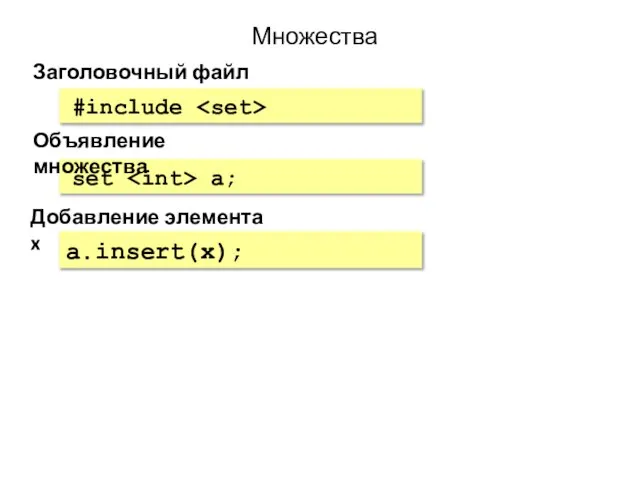 Множества Заголовочный файл #include Добавление элемента x a.insert(x); set a; Объявление множества