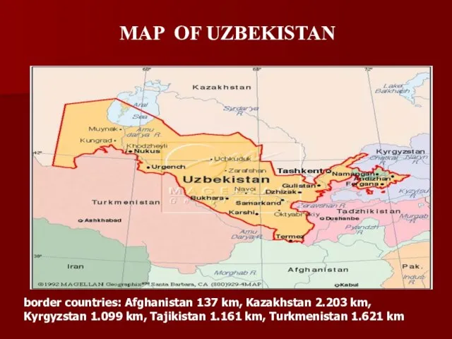 MAP OF UZBEKISTAN border countries: Afghanistan 137 km, Kazakhstan 2.203 km, Kyrgyzstan