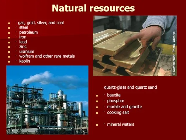 Natural resources · gas, gold, silver, and coal · steel · petroleum