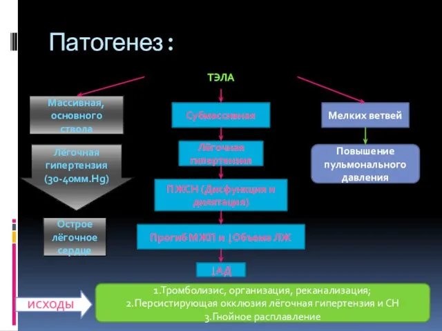 Патогенез: ТЭЛА Массивная, основного ствола Лёгочная гипертензия (30-40мм.Hg) Острое лёгочное сердце Субмассивная