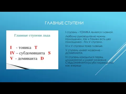 ГЛАВНЫЕ СТУПЕНИ I ступень – ТОНИКА является главной. Любому руководителю нужны помощники,