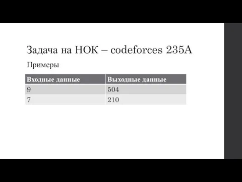 Задача на НОК – codeforces 235A Примеры