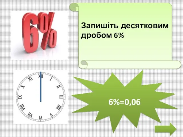 Запишіть десятковим дробом 6% 6%=0,06