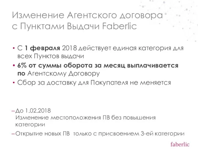 Изменение Агентского договора с Пунктами Выдачи Faberlic С 1 февраля 2018 действует