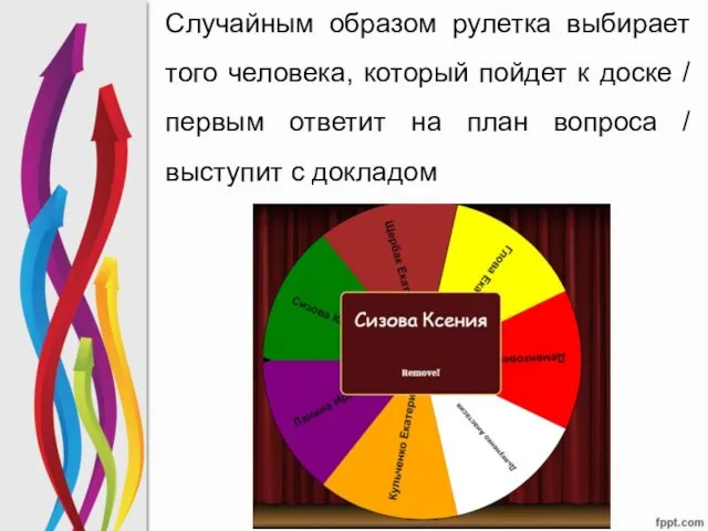 Случайным образом рулетка выбирает того человека, который пойдет к доске / первым