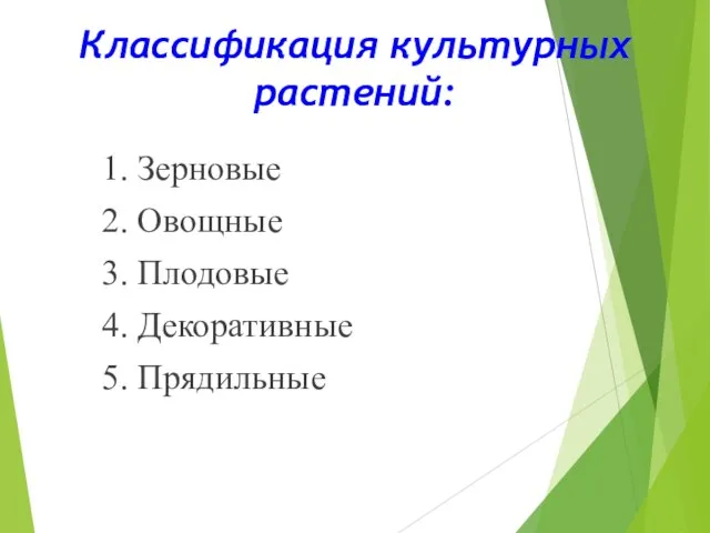 Классификация культурных растений: 1. Зерновые 2. Овощные 3. Плодовые 4. Декоративные 5. Прядильные