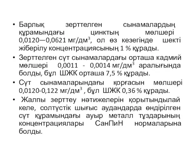 Барлық зерттелген сынамалардың құрамындағы цинктың мөлшері 0,0120—0,0621 мг/дм3, ол өз кезегінде шекті