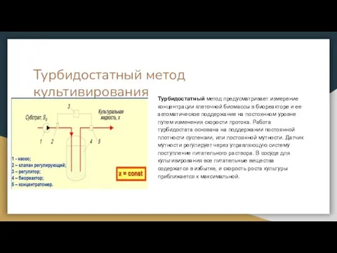 Турбидостатный метод культивирования Турбидостатный метод предусматривает измерение концентрации клеточной биомассы в биореакторе