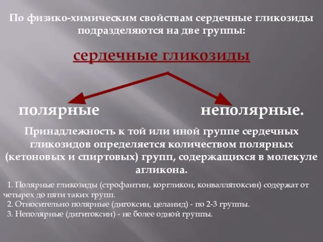 По физико-химическим свойствам сердечные гликозиды подразделяются на две группы: сердечные гликозиды полярные