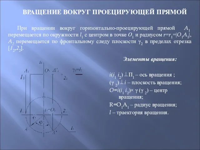 ВРАЩЕНИЕ ВОКРУГ ПРОЕЦИРУЮЩЕЙ ПРЯМОЙ При вращении вокруг горизонтально-проецирующей прямой A1 перемещается по